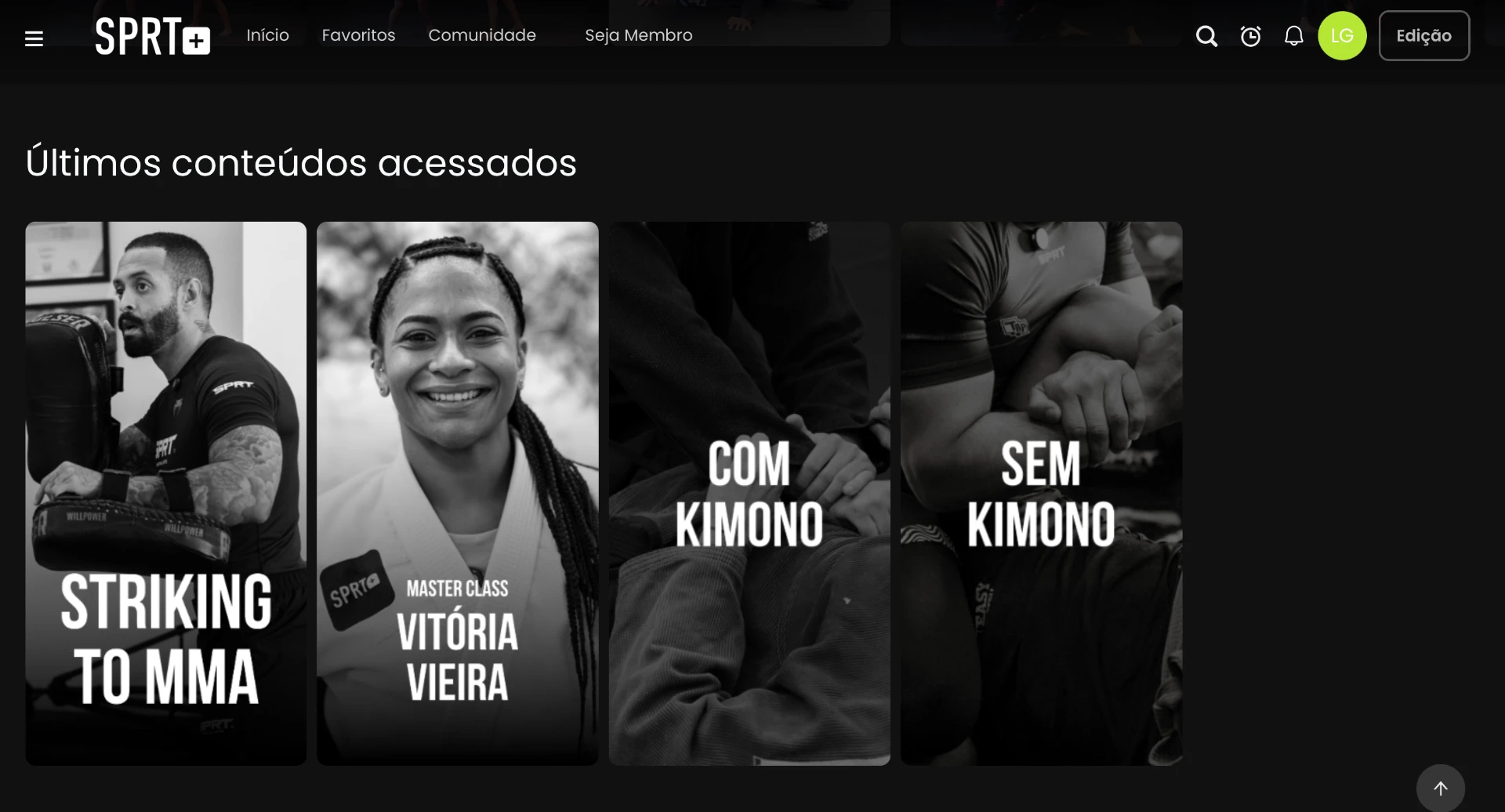 Tela inicial do aplicativo SPRT+ com os últimos conteúdos acessados