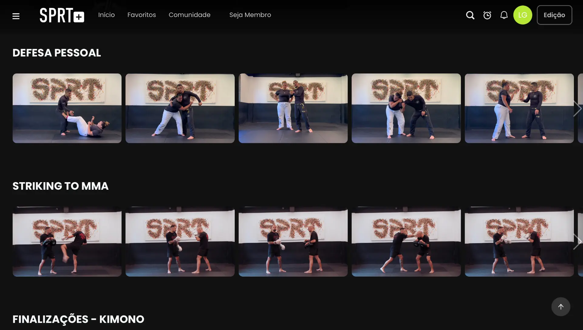 Biblioteca do SPRT+ com categorias de defesa pessoal e striking